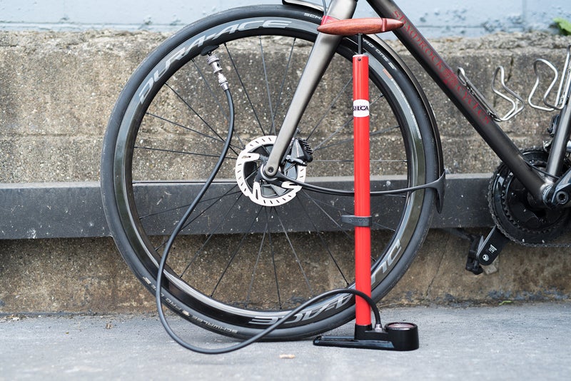 SILCA Pista Floor Pump Red with Black Single Sided Base and SILCA Presta Chuck and Threaded Schrader Chuck - Image 2